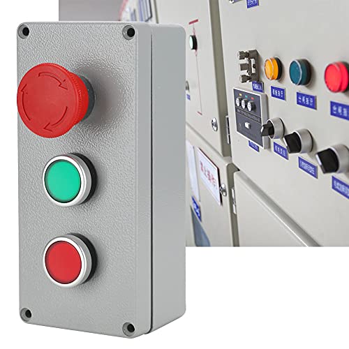 3-Button Emergency Stop Push Button Switch Station with Red & Green Indicator, IP66 Aluminum Housing, Momentary and Latching (1NC 1NO), 175x80x55mm Box
