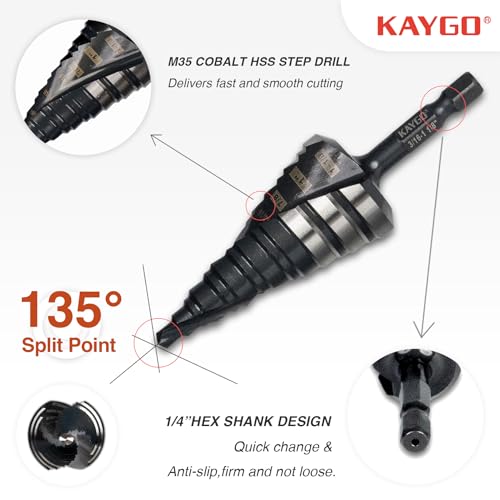 KAYGO M35 Cobalt Step Drill Bit, 1/4" Hex Shank for Metal & Stainless - size: 1/8"- 7/8"(3 pcs)