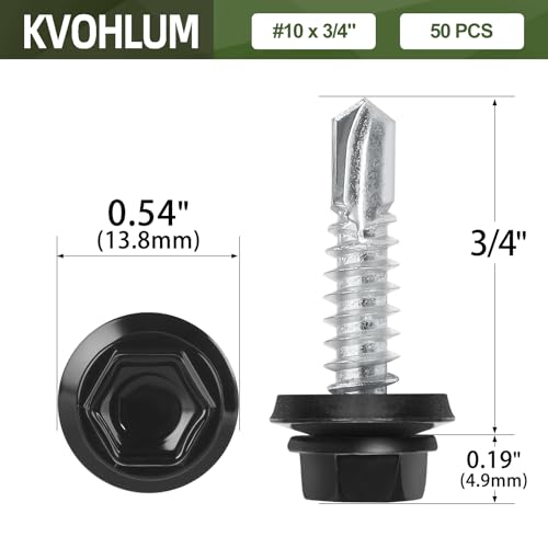 #10 x 3/4" (50 PCS) Black Metal Roofing Screws with Rubber Washer, Hex Head Self Tapping Screws for Metal, Self Drilling Sheet Metal Screw - size: #10 x 3/4"