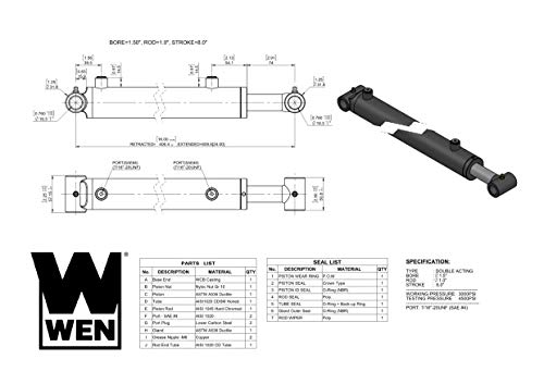 WEN Cross Tube Hydraulic Cylinder with 1.5-inch Bore and 8-inch Stroke (WT-1508)