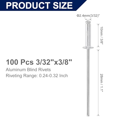 uxcell 100Pcs 3/32" x3/8" Aluminum Blind Rivets Dome Head Long Split Rivets - size: 3/32"x3/8"