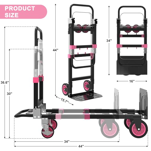 3-in-1 Folding Heavy Duty Hand Truck Dolly Cart Trolley with Wheels (Pink) - color: Pink