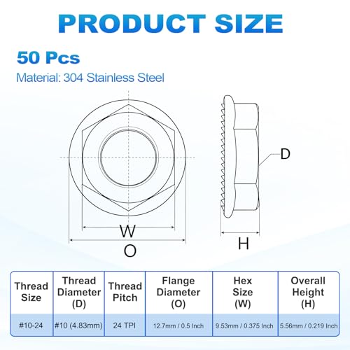 50Pcs Serrated Flange Hex Nuts-#10-24-UNC 304 SS Bright Finish - color: Silver, size: #10-24
