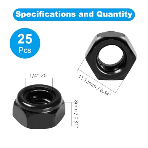 25Pcs 1/4"-20 Nylon Insert Hex Lock Nuts Self-Locking Nut - size: 1/4"-20; 25pcs