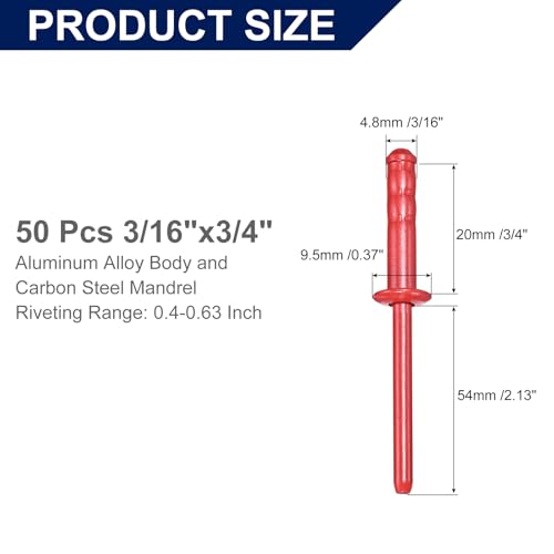 uxcell 50Pcs 3/16" x3/4" Aluminum Blind Rivets, Dome Head Multi Grip Aluminum Steel Mandrel Rivets Fasteners for Metal, Furniture, Automotive, Red - color: Red