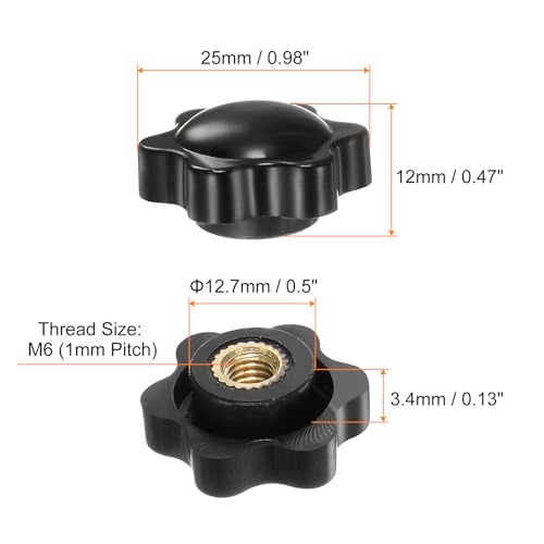 HARFINGTON 6pcs Star Knobs M6 Female Thread 25mm 6-Point Plastic Head Brass Insert Non-Through Hole Screw-in Threaded Hand Knob Clamping Handle, Black - color: Black, size: M6 x 25mm
