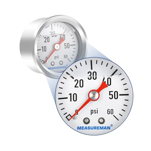 MEASUREMAN 1.5" Liquid Filled Fuel Pressure Gauge, 0-60 PSI Range for Accurate Tuning - Stainless Steel Case with a 1/16" NPT Center Back Mount - size: 0-60 PSI