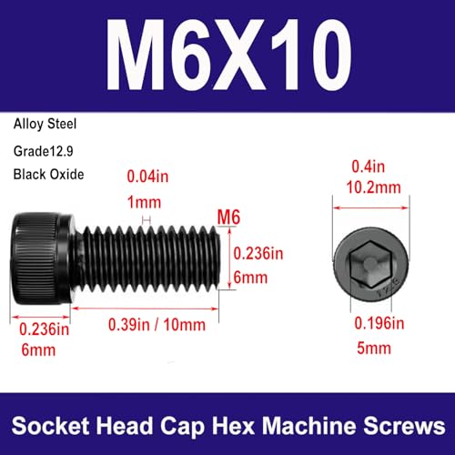 M6-1.0 x10mm Socket Head Cap Screws Bolts, Grade 12.9 Alloy Steel Black Oxide, M6 10mm Allen Socket Drive, Machine Thread with Hex Spanner,20 PCS (M6X10) - size: M6X10mm