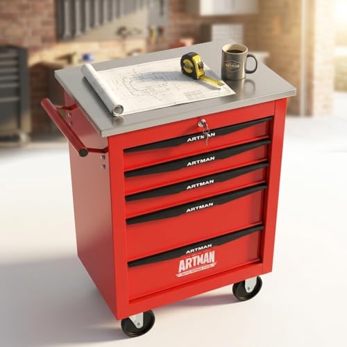 Rolling Tool Chest,Stainless Steel Worktop,Red,5‑Drawer - color: Red, size: 5-Drawers