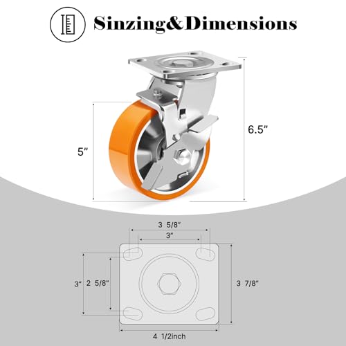 W B D WEIBIDA 5 Inch Heavy Duty Casters Set of 4, Industrial Grade Casters Wheels with Brake 4000 LBS, Maintenance-Free Polyurethane on Aluminum Wheels, Plate Swivel Casters Wheels for Cart, Machine - size: 5 IN