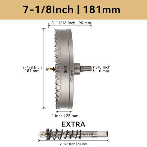 7-1/8" (181mm) Tungsten Carbide Tipped Hole Saw with 2Pcs Titanium-Plated Pilot Drill Bits for Hard Metal,Stainless Steel,Iron,Aluminum Alloy,Wood and Plastic - size: 181mm | 7-1/8"