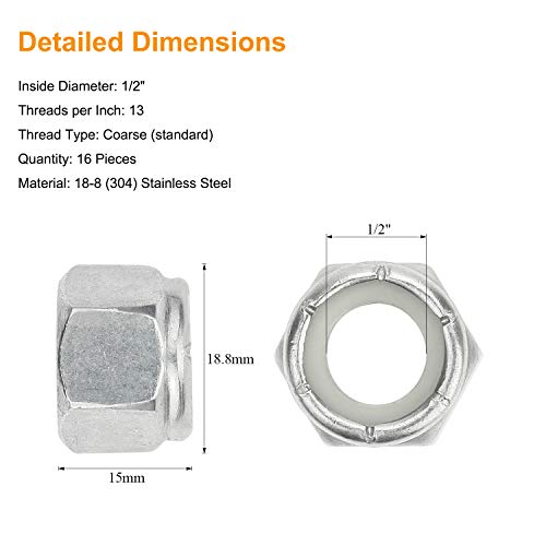 16 Pieces 1/2"-13 Nylon Insert Hex Lock Nuts, 304 Stainless Steel - size: 1/2-13 (16 pcs)