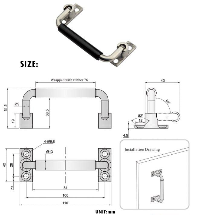304 Stainless Steel Folding Pulls Cabinet Handle 90 Degrees Folding Pull Handle with Rubber and Bright Polishing,4'' Hole Center - style: 4'' Hole Center with Rubber