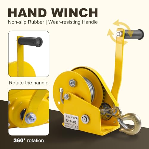 1200lbs Hand Winch, Heavy Duty Manual Winch with 2-Way Self-Locking Gear & Crank Handle for ATV, Boat, Trailer, Truck(1200bls 20 m Rope+Hook)