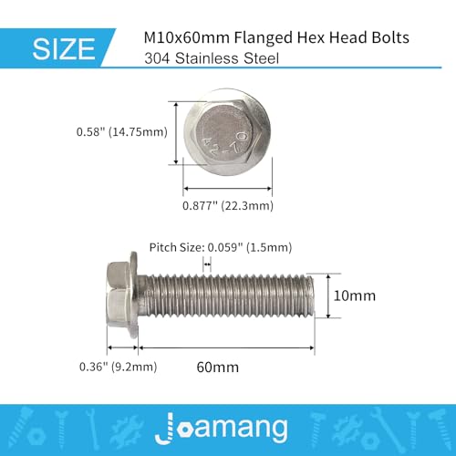 M10 x 60mm 6Pcs Flanged Hex Head Bolts, M10 x 1.5 Bolts, Flange Hexagon Head Screws, 304 Stainless Steel, Bright Finish, Metric Fully Thread - size: M10 x 60mm(6PCS)