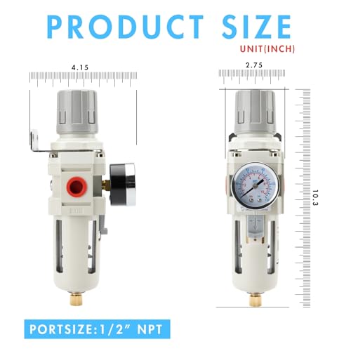 1/2" NPT Air Pressure Regulator Water Separator for Air Compressor Regulator Combo with 0-150 psi Gauge Semi-Auto Drain 5 Micron Brass Filter Poly Bowl Metal Bracket - size: 1/2" NPT, style: Semi-Auto Drain