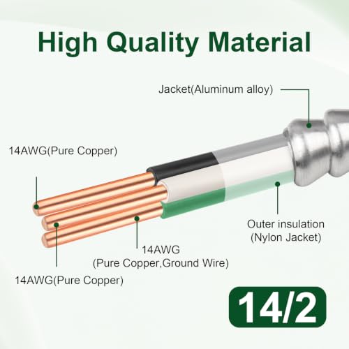 14/2 MC Cable 10 FT, Metal Clad Electrical Wire with Green Ground 14 Gauge THHN/THWN Solid Pure Copper Conductors, Interlock Alum Armor 600V 90°C UL Listed Commercial Industrial Residential - color: 10 FT, size: 14AWG/2
