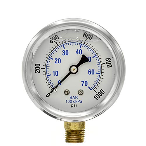 PIC Gauges PRO-201L-254M 0-1000 PSI Pressure Gauge, 2 1/2" Dial, 1/4" Male NPT Connection, Bottom Mount, Dual Scale, Glycerin Filled, Stainless Steel Case/Bezel, Brass Internals & Plastic Lens - style: 0-1000 PSI