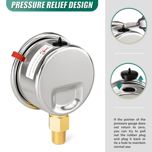 0-60Psi Stainless Steel Dry Low Pressure Gauge 1/8" NPT 2" Dual Scale Dial, Lower Mount, Waterproof for Water Oil Air Well pump, compressors, Tire Gas Pressure Test (with Range Mark Pointer) - size: 0-60Psi, style: Lower Mount(1/8"NPT)