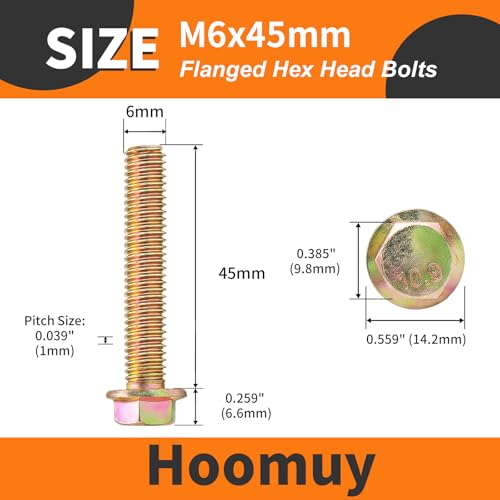 M6 x 45mm 12pcs Heavy Duty Flanged Hex Head Bolts, Flange Hexagon Head Screws, 10.9 Grade Alloy Steel, Yellow Zinc Plated, Metric Fully Thread - size: M6 x 45mm(12pcs)