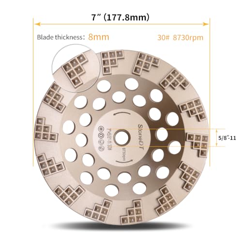Diamond Grinding Wheel, 7 Inch Concrete Grinding Cup Wheel for Concrete Surface, Epoxy, Paint Thin Coating Removal, Fit 5/8’’-11 Arbor for Angle Grinder, Spikes Segments 30 Grit