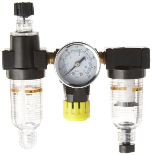 Parker 14A11B18F0GF Three-Unit Combo Compressed Air Filter/Regulator/Lubricator, 1/4" NPT, Polycarbonate Bowl , Manual Drain, 5 Micron, 13 scfm, Relieving Type, 2-125 psi Pressure Range, Gauge