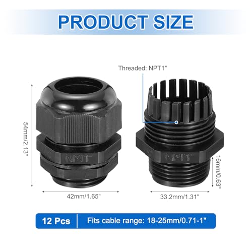 MECCANIXITY 12 Pcs NPT1 Cable Glands Adjustable 18-25mm PA66 Nylon IP68 Waterproof Connectors with Dual Seals Anti-Corrosion for Industrial/Outdoor Electrical Systems - size: 1"