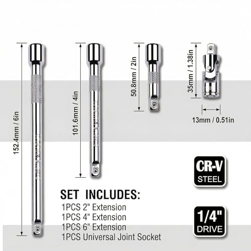 EMSTAR 4PCS 1/4 Inch Drive Socket Extension Set, 1/4 Ratchet Extension Set Include 2", 4", 6" (50mm, 100mm, 150mm) with 1/4 Universal Joint, Premium Cr-V Steel - size: 1/4 Inch Drive Extension Bar