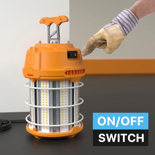 HYPERLITE LED Temporary Work Light 150W 18750LM 500W HID/HPS 5000K, Portable Hanging Construction Light with Stainless Steel Safety Guard and Sturdy Hook for Job Site, Workshop(with an ON/Off Switch)