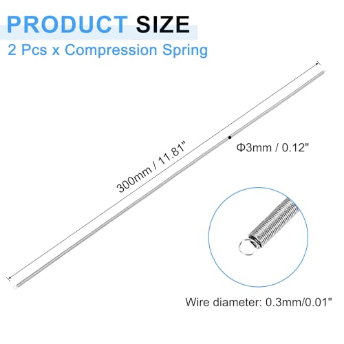 uxcell 2Pcs Extension Springs, 0.3x3x300mm/0.01x0.12x11.81in 304 Stainless Steel Extended Compression Spring Steel Dual Hook Tension Springs for Machinery Construction Home Repairs - size: 0.3x3x300mm