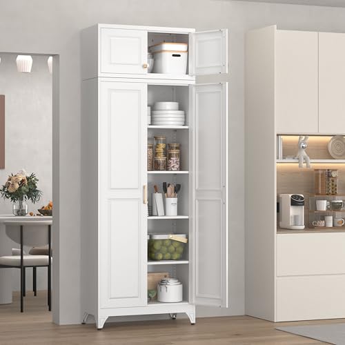 90" Tall Metal Storage Cabinet, Kitchen Pantry Cabinet with Door - color: White, size: 90"H-A