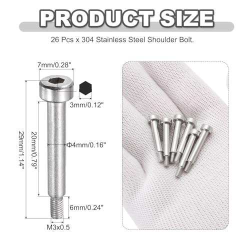 MECCANIXITY 26 Pcs 304 Stainless Steel Shoulder Bolt 4mm Shoulder Dia 20mm Shoulder Length M3x0.5 Thread Hex Socket Shoulder Bolts for Hydraulic Injection Molding Machinery Industries - size: 4mm x 20mm