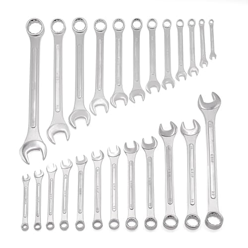 Grip 24 pc Raised Panel Combination Wrench Set MM/SAE - 12 point - Metric 7mm to 22mm - SAE 1/4” to 1" - Roll-up Storage Pouch - Household, Garage, Auto Repairs, Cars, Trucks, Boat