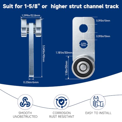 2Wheel Trolley Assembly Rollers.Bearing Trolley Assembly.The top of the Trolley has Room for Set Screws, Allowing the use of a 1-5/8" high Strut Channel to Save on Construction Costs. - style: E-2Wheel Trolley 2pcs