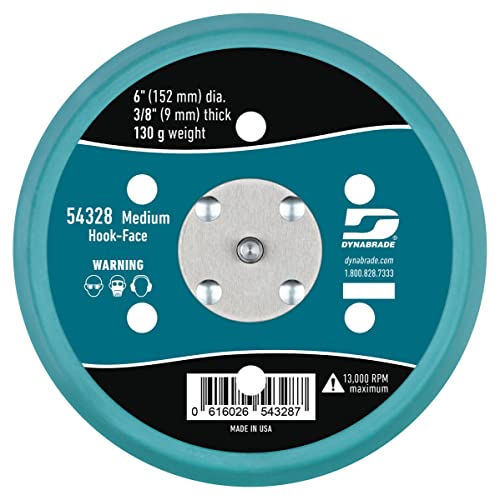Dynabrade (54328) 6" (152 mm) Diameter Hook-Face Vacuum Sanding Disc Pad, Short Nap, Teal | 3/8" (10 mm) Thick Urethane Medium Density, Swirl-Free Finish, 5/16"-24 Male Thread