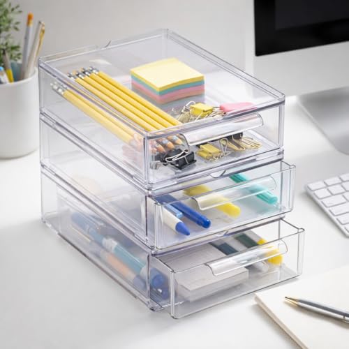 BINO | Clear Stackable Storage Drawers, Small - 3 Pack | Clear Storage Drawers with Built-In Handles | Durable Plastic Organizer Drawer | Modular Stackable Drawer Acrylic Organizer - size: 3 Pack - Small