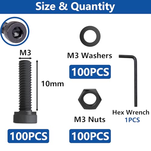 300PCS M3 x 10mm Hex Socket Head Cap Screws with Nuts and Washers, 12.9 Grade Alloy Steel M3 Bolts with Hex Wrench - color: BK-M3 x 10mm