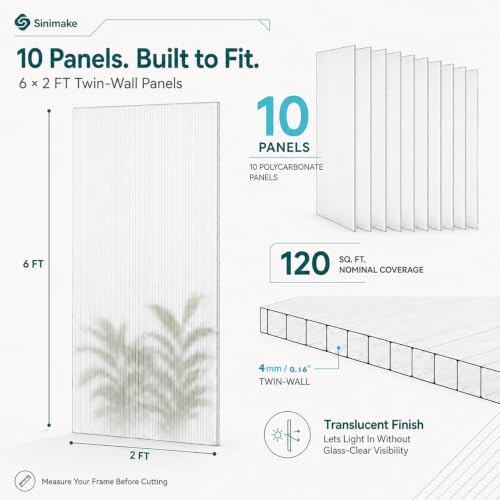 Sinimaka 10-Pack Polycarbonate Greenhouse Panels, 6 x 2 ft, 0.16 Twin-Wall Sheets, UV-Coated Translucent Roof Replacement for Greenhouses and Cold Frames - size: 6' x 2' x 0.16''