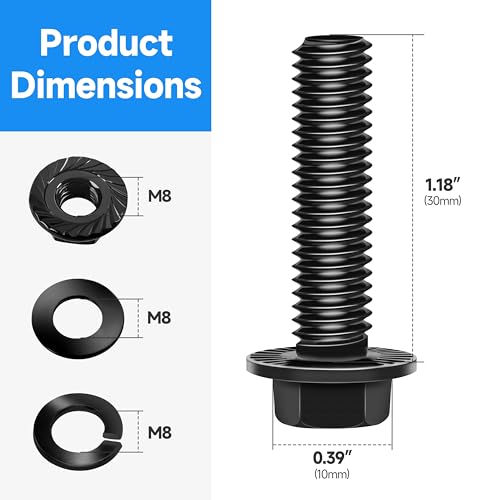(10Sets) M8 Bolt x 30mm Flanged Hex Head Bolts, External Flange Hex Drive M8 Screws, Class 10.9 Black Zinc Plated Alloy Steel Metric M8x1.25 Bolts Kit - color: Black-M8, size: 30mm
