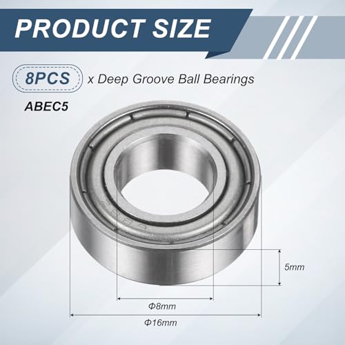 uxcell 8Pcs 688ZZ 8mmx16mmx5mm Deep Groove Ball Bearings ABEC5 - size: 688ZZ 8mmx16mmx5mm