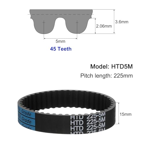 uxcell 3pcs HTD-5M Rubber Timing Belt 45 Teeth, 225mm Pitch Length x 15mm Width x 3.6mm Height, Closed Loop Pulley Timing Belt - size: 225mm