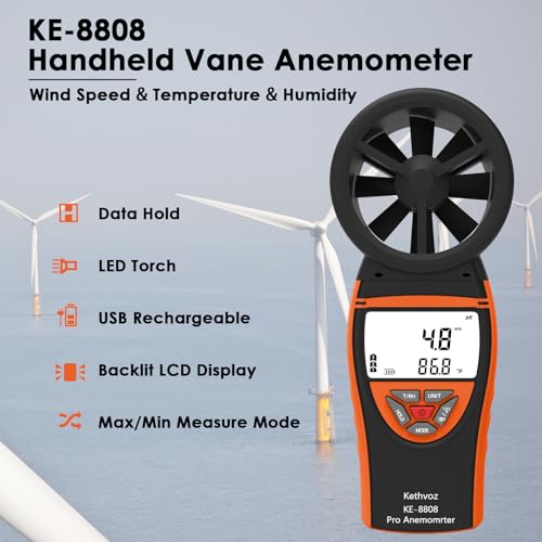 Handheld Vane Anemometer Air Flow Tester, Kethvoz Digital Wind Speed Meter Measure Air Velocity 0.3~30m/s, Test Temperature Humidity, Portable Carrying Case Included