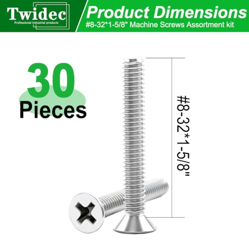 Twidec/#8-32x1-5/8 inch Flat Head Machine Screws Assortment kit,30PCS 304 Stainless Steel Phillips Flat Head Electricians Screws Long for Electrical Wall Plate Switch, Receptacles Mounting Screws - size: #8-32x1-5/8"