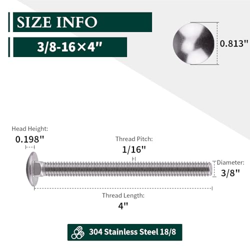 3/8-16 x 4 Carriage Bolts, 304 (18/8) Stainless Steel Carriage Screws, Round Domed Head Square Neck, Grade A2-70, Full Thread, Coarse Thread UNC, 10-Pack - size: 3/8-16 x 4"