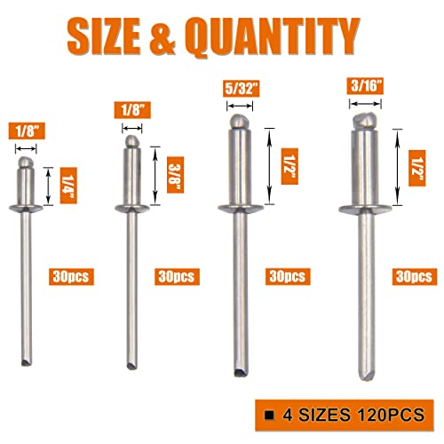 ISPINNER 120pcs 304 Stainless Steel Blind Rivets, Pop Rivets Assortment Kit