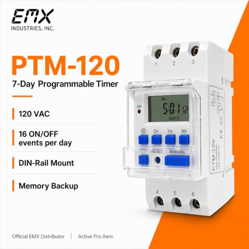 EMX PTM-120 120 VAC 7-Day Programmable DIN Rail Timer, 16A SPDT Relay