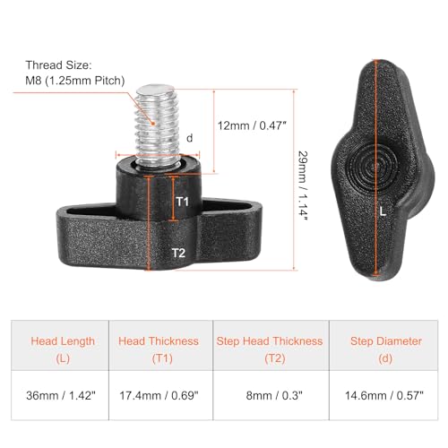 HARFINGTON 10pcs Wing Knobs M8 x 12mm Male Thread Plastic Tee Stud Knobs T Threaded Handles Hand Clamping Tightening Thumb Screws Thumbscrew, Black - color: Black, size: M8 x 12mm