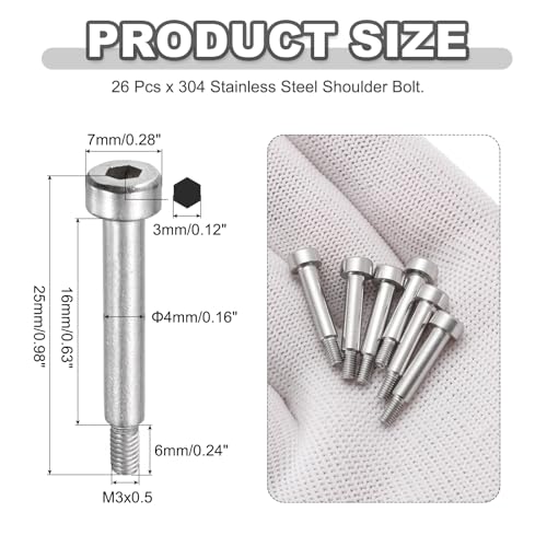 MECCANIXITY 26 Pcs 304 Stainless Steel Shoulder Bolt 4mm Shoulder Dia 16mm Shoulder Length M3x0.5 Thread Hex Socket Shoulder Bolts for Hydraulic Injection Molding Machinery Industries - size: 4mm x 16mm