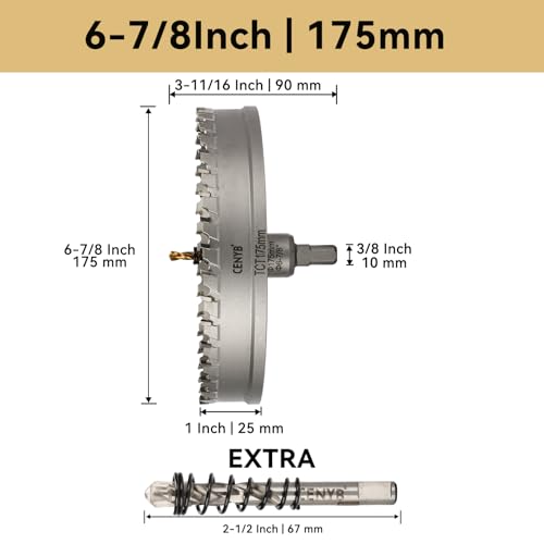 6-7/8" (175mm) Tungsten Carbide Tipped Hole Saw with 2Pcs Titanium-Plated Pilot Drill Bits for Hard Metal,Stainless Steel,Iron,Aluminum Alloy,Wood and Plastic - size: 175mm | 6-7/8"