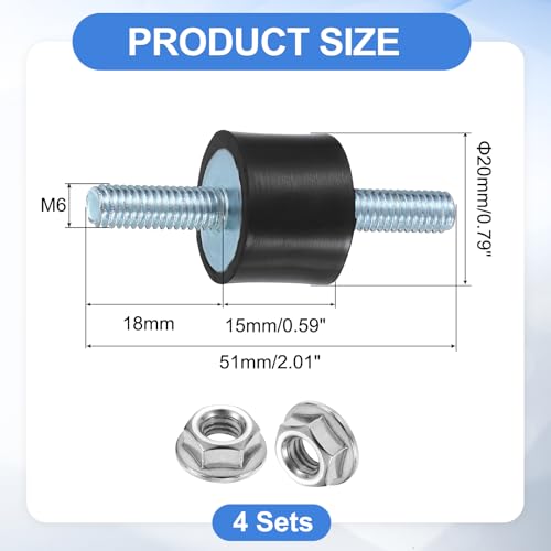 uxcell 4Pcs M6 x 18mm Rubber Mounts, 20 x 15mm Cylindrical Anti Vibration Isolator Studs Shock Absorber Double Studs with Nuts for Car Bobbin Generator Air Compressors - size: M6 x 18mm, 20 x 15mm